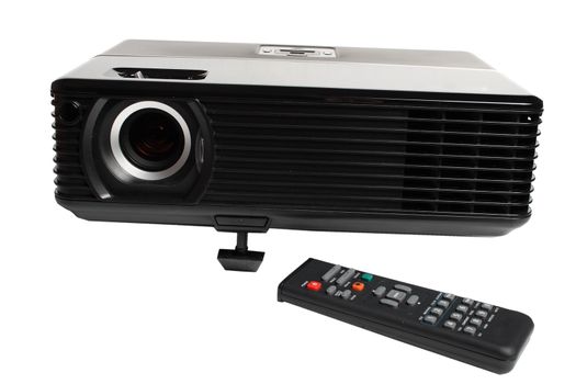 black multimedia projector isolated over white with remote control