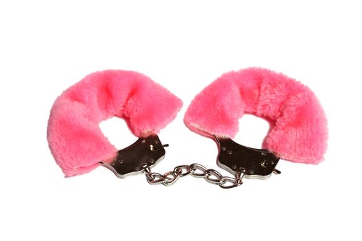 closed handcuff with pink fur isoladet over white