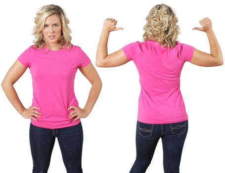 Young beautiful female with blank pink shirt, front and back. Ready for your design or logo.