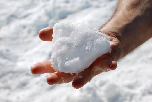 male hand with an opened palm holding a piece of snow