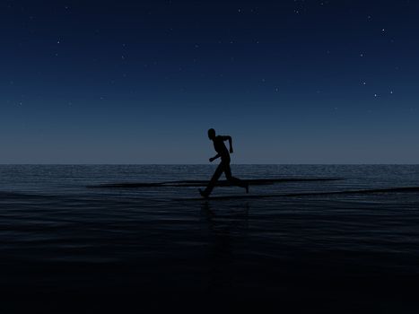 A male runner running on a coastline at night.