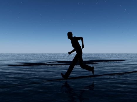 A male runner running on a coastline at night.