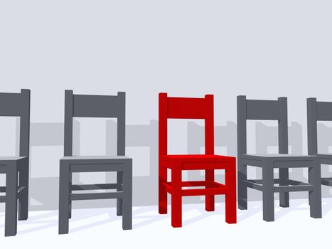 row of chairs, one in red - 3d illustration