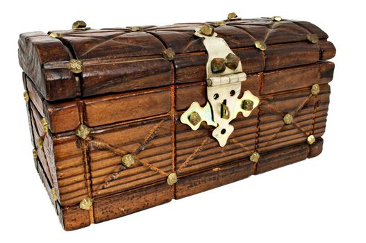 Closed wooden treasure chest isolated on white