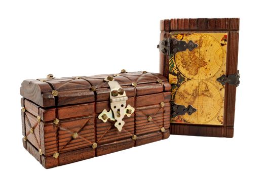 medieval wooden treasure map and a chest isolate on white