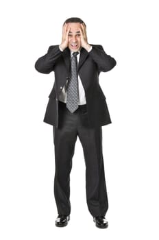 Businessman in a suit being upset isolated on white background