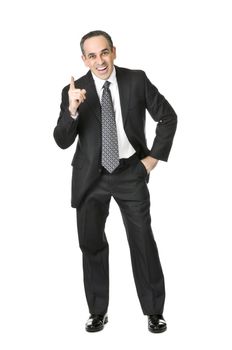 Happy businessman in a suit having an idea isolated on white background