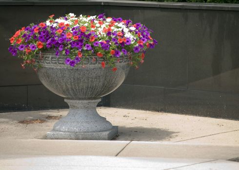 A flower pot filled with summer blooms.