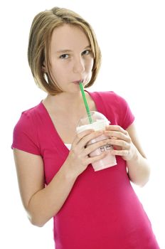 Teenage drinking strawberry milkshake isolated on white background