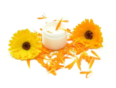 Hand-made beauty cream with flowers (calendula)