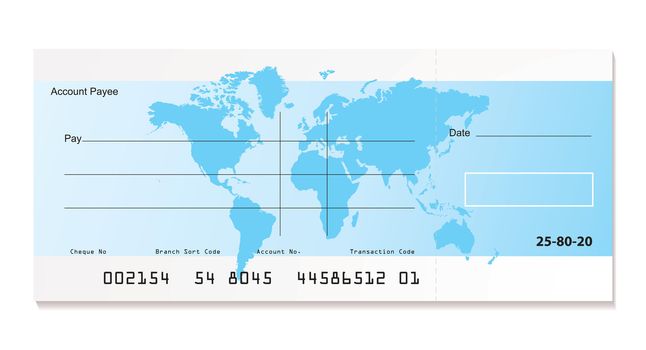 illustrated bank cheque with world map and sample template