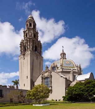 View of the ornate California Tower from Balboa Park in San Diego