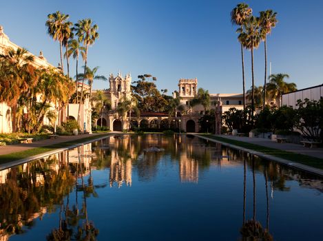 Reflection of the Casa de Balboa and House of Hospitality in Balboa Park in San Diego reflected in Lily Pond