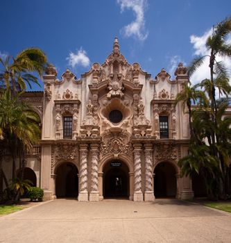 Detail of the carvings on the Casa de Balboa building in Balboa Park in San Diego