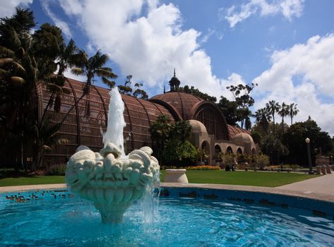 View of the fountain in front of the Botanical Building in San Diego's Balboa Park