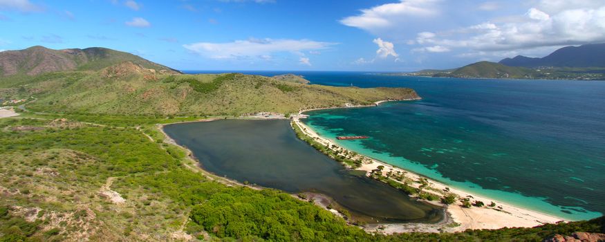 Panoramic view of Major's Bay Beach and lagoon on St Kitts.