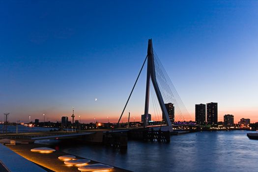 View of Rotterdam, the Netherlands with Erasmus bridge on summer evening after sunset