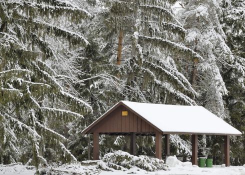 Snow covered park shelter in the dead of winter.