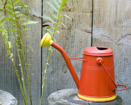 Flower watering can sitting against a cabin wall.