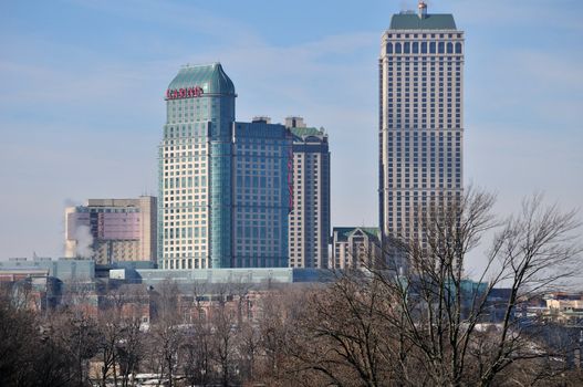 The Fallsview Casino at Niagara Falls Ontario Canada as seen from Goat Island in the winter.