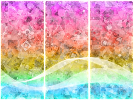 Colorful triptych with bits and pieces of geometric shapes.