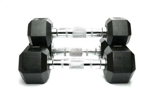 Weight lifting dumbbells isolated against a white background