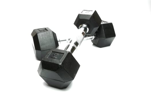 Weight lifting dumbbells isolated against a white background