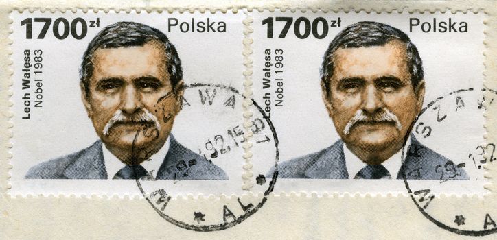 Lech Walesa, Polish politician, Solidarity labor union leader, Peace Nobel Price winner on two old (1990) canceled post stamps from Poland
