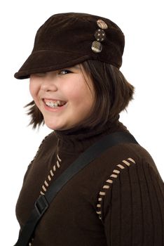 Portrait of a smiling preteen, isolated against a white background