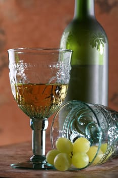 Still life with Two Goblets, Grape and Bottle on Brown Background, Medieval Style