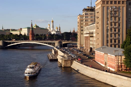 Moscow, Russia, Type On Big Stone Bridge, Bersenevskaya Quay and Kremlin