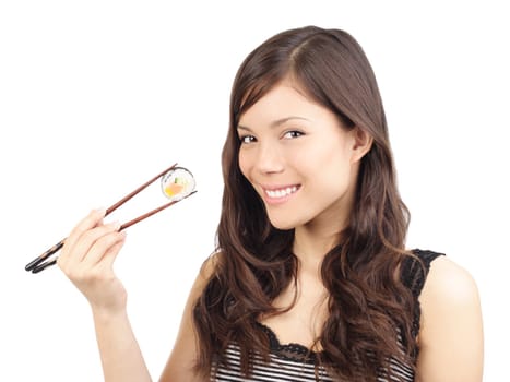 Sushi woman holding sushi with chopsticks looking at the camera smiling. Isolated on white background, Asian / Caucasian model.