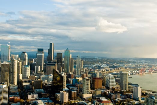 areal view of downtown and Elliot Bay (from Space Needle)