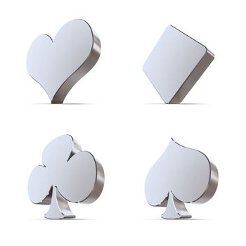 card signs - shiny metallic card symbol on white background - heart, diamonds, clubs, spades