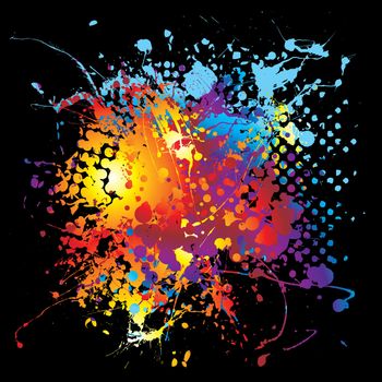 Brightly coloured ink splat design with a black background 