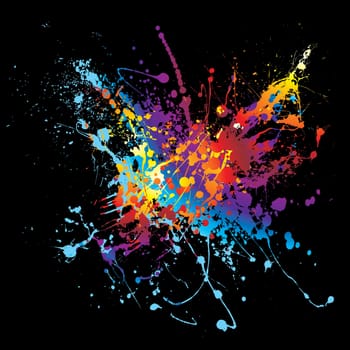 Colourful bright ink splat design with a black background