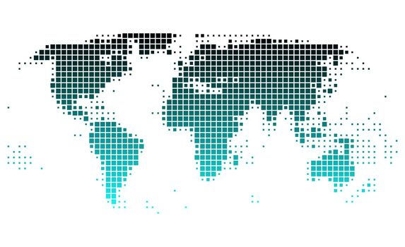 World map with shining gradient of turquoise squares