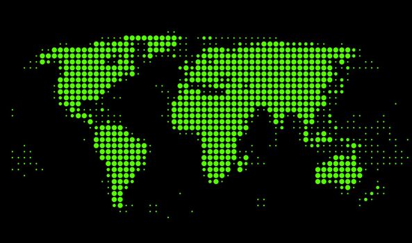 World map with green dots on black background