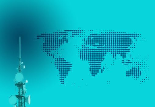 Global telecommunication: world map and antenna tower