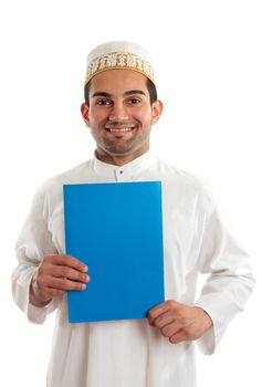 Arab italian mixed race business man holding a brochure or document.  Bohra men wear a traditional white three piece outfit, plus a white and gold cap called a topi.  White background.