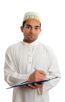 Arab mixed race business man wearing traditional middle eastern attire and topi gold embroidered hat.  He is holding a clipboard folder and writing.  White background.