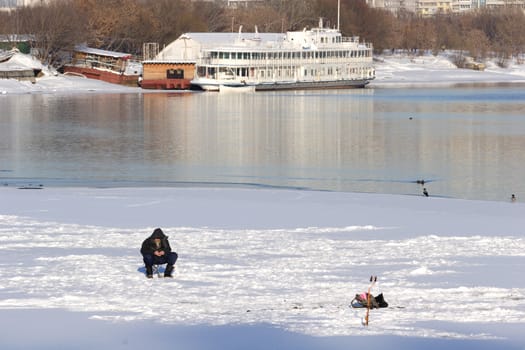 Winter Landscape with Fisherman on Moscow-river, Winter Fishing