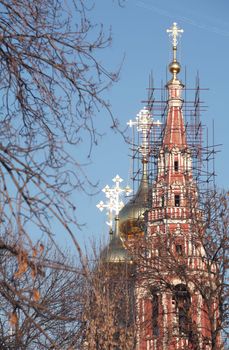 Solar Spring Day, Orthodox Temple on Repair, Sparkling  on the Sun Crosses