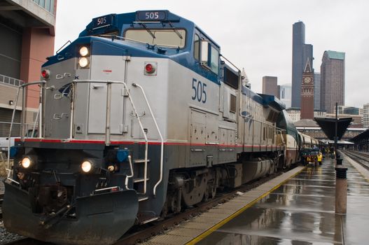 Amtrak passenger train loading in Seattle, Wa