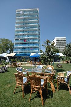 Hotel and garden. Taken on a sunny day.