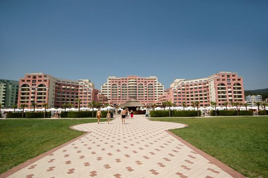 Hotel in paradise. Clear blue sky