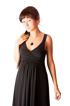 Young woman wearing black dress isolated on white