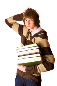 Young man holding books isolated on white