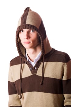 Young man wearing striped sweaterwith hood isolated on white