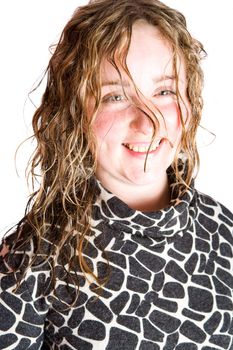 Cheerful Woman with wet curly hair isolated on white